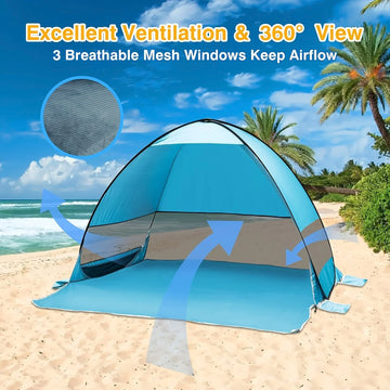 3-person pop-up beach tent with UV protection, portable awning, suitable for camping, fishing and outdoor activities